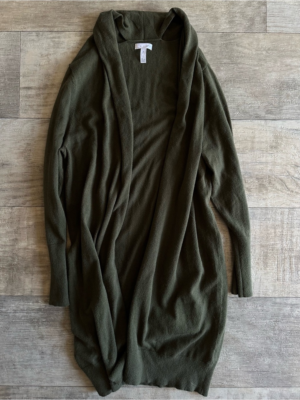 Leith Olive Green Long Duster Cardigan Open Front Size S